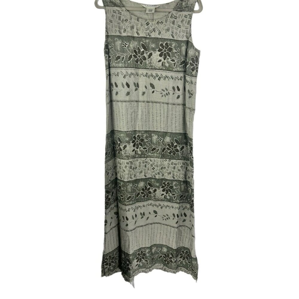 VTG 90s Uniform John Paul Richard Womens Dress Sz‎ M Linen Green Maxi Floral Y2K